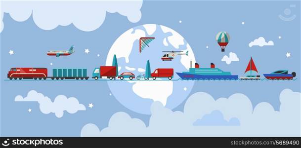Transport concept with water air ground vehicles in line with earth on background vector illustration