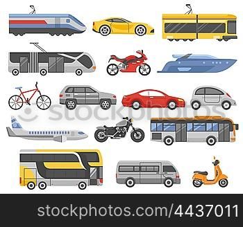 Transport Decorative Flat Icons Set . Transport decorative flat icons set with cars bus metro airplane train tram yacht motorcycle isolated vector illustration