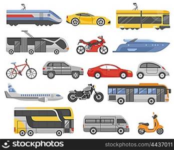 Transport Decorative Flat Icons Set . Transport decorative flat icons set with cars bus metro airplane train tram yacht motorcycle isolated vector illustration