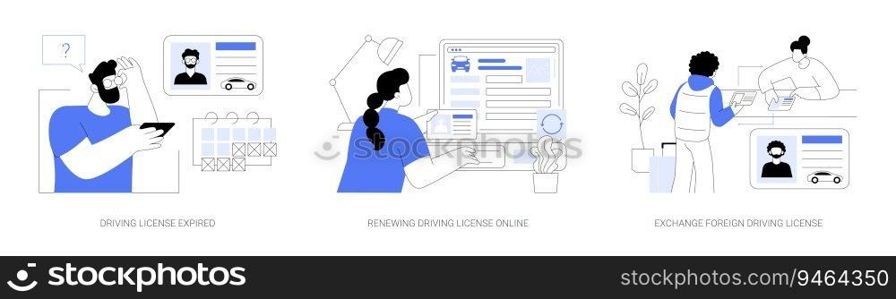 Transport documents abstract concept vector illustration set. Driving license expired, renewing driving license online, exchange foreign road traffic documents, bureaucracy abstract metaphor.. Transport documents abstract concept vector illustrations.