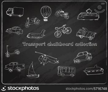 Transport doodle chalkboard decorative icons set with truck balloon bike tram isolated vector illustration