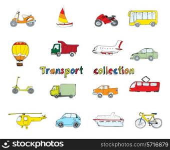 Transport doodle colored decorative icons set with motorcycle yacht bike bus isolated vector illustration