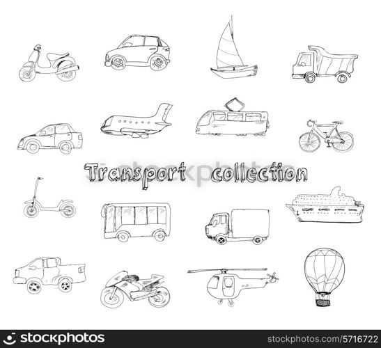 Transport doodle set with motorcycle car yacht truck isolated vector illustration