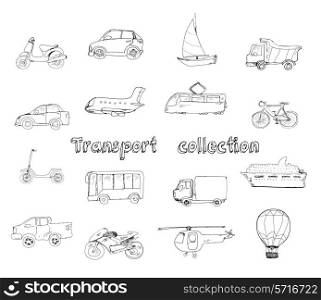 Transport doodle set with motorcycle car yacht truck isolated vector illustration
