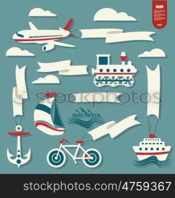 Transport flat icons set with clouds and banners for text. Train, bike, ship, yacht and plane. Vector illustration.