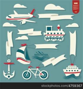 Transport flat icons set with clouds and banners for text. Train, bike, ship, yacht and plane. Vector illustration.