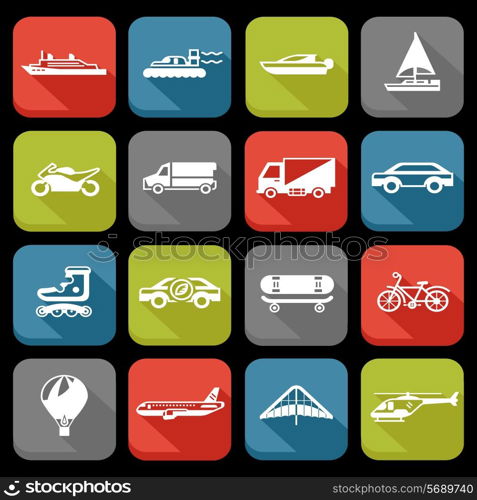 Transport flat icons set with roller skate balloon plane isolated vector illustration