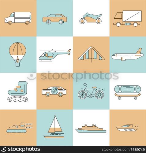 Transport flat line icons set with bicycle minivan ship isolated vector illustration