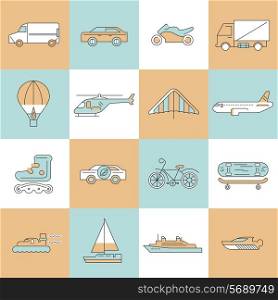 Transport flat line icons set with bicycle minivan ship isolated vector illustration