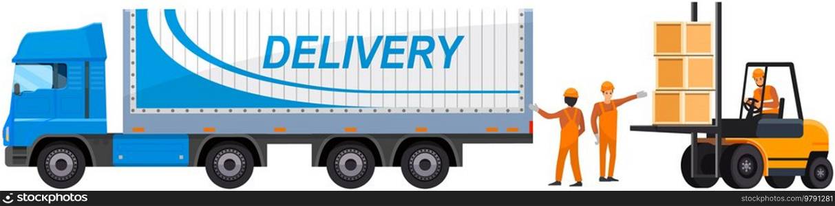 Transport for delivery of goods in warehouse of enterprise. Freight transport in storage with boxes. Delivery truck for transportation in factory. Truck with body for cargo vector illustration. Truck for delivery of goods in warehouse of enterprise. Freight transport in storage with boxes