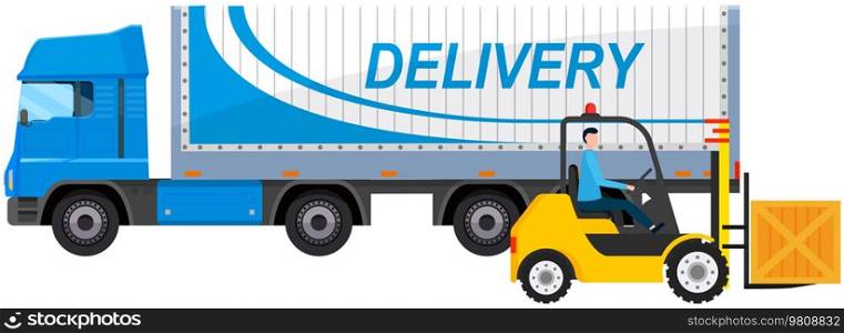 Transport for delivery of goods in warehouse of enterprise. Freight transport in storage with boxes. Delivery truck for transportation in factory. Truck with body for cargo vector illustration. Truck for delivery of goods in warehouse of enterprise. Freight transport in storage with boxes