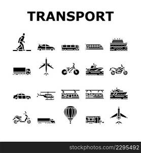 Transport For Riding And Flying Icons Set Vector. Train And Car, Bus And Motorcycle, Air Balloon Aircraft Transport. Cargo Truck Helicopter, Subway Metro And Tram Glyph Pictograms Black Illustrations. Transport For Riding And Flying Icons Set Vector