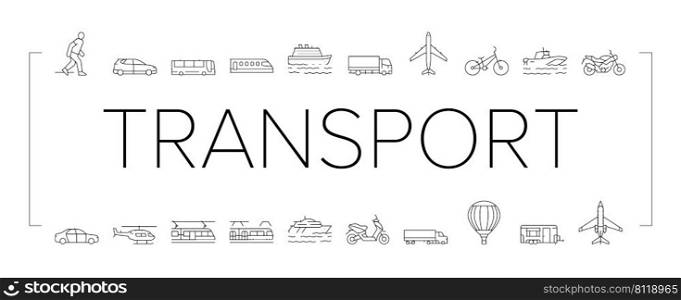 Transport For Riding And Flying Icons Set Vector. Train And Car, Bus And Motorcycle, Air Balloon And Aircraft Transport Line. Cargo Truck And Helicopter, Subway Metro Tram Black Contour Illustrations. Transport For Riding And Flying Icons Set Vector
