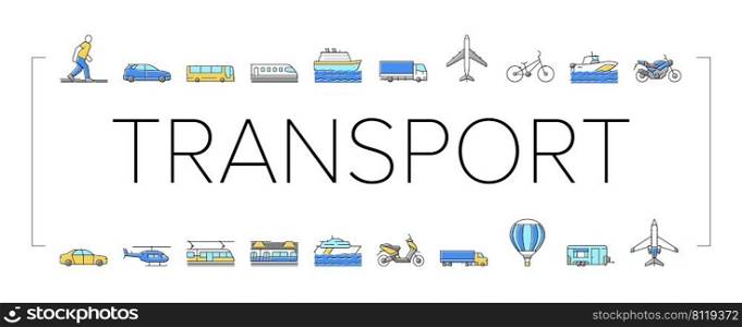 Transport For Riding And Flying Icons Set Vector. Train And Car, Bus And Motorcycle, Air Balloon And Aircraft Transport Line. Cargo Truck And Helicopter, Subway Metro And Tram Color Illustrations. Transport For Riding And Flying Icons Set Vector