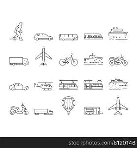 Transport For Riding And Flying Icons Set Vector. Train And Car, Bus And Motorcycle, Air Balloon And Aircraft Transport Line. Cargo Truck And Helicopter, Subway Metro Tram Black Contour Illustrations. Transport For Riding And Flying Icons Set Vector