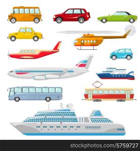 Transport icons flat set with taxi bus helicopter tram ship isolated vector illustration. Transport Icons Flat