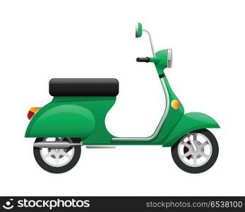 Transport. Illustration of Isolated Green Scooter. Transport. Illustration of isolated green scooter. Fast mean of transportation with one headlight in front of it. Silver discus in black tire. Two-wheeled motorbike in simple cartoon design. Vector