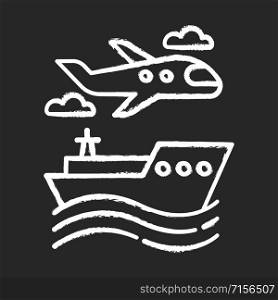 Transport industry chalk icon. Plane and ship. Boat on waves. Airplane in sky. Transportation, shipping. Travel, trip, voyage. Tourism business. Cruise tour. Isolated vector chalkboard illustration