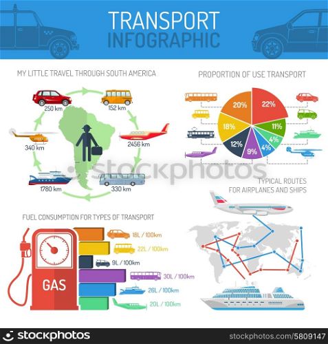 Transport infographic concept set of fuel consumption travel routes use of transport vector illustration. Transport infographic concept set