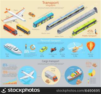 Transport Infographic. Transportation. Vector. Transport infographic. Public transport. Personal transport. Cargo transport. Statistics of transport usage. Shown amount of people using each type of transportation. Transport system concept. Vector