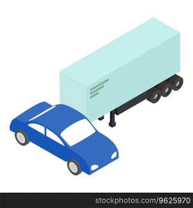 Transport insurance icon isometric vector. Blue passenger car and semi trailer. Motor vehicle insurance. Transport insurance icon isometric vector. Blue passenger car and semi trailer