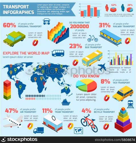 Transport isometric infographics with 3d city vehicles charts and world map vector illustration. Transport Isometric Infographics