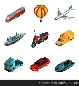 Transport isometric set with low poly motorcycle railroad van icons isolated vector illustration. Transport Low Poly Icons