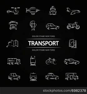 Transport line icons collection on blackboard. Transportation bus and car, vector illustration. Transport line icons collection on blackboard