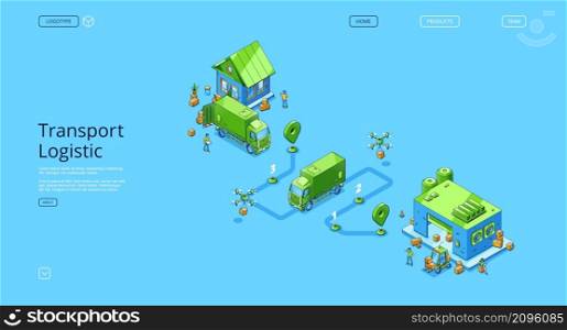 Transport logistic isometric landing page, distribution , truck delivery service. Van and quadcopter with freight riding route with gps navigator pins shipping goods, 3d vector line art web banner. Transport logistic isometric landing page, banner