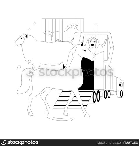 Transport of animals abstract concept vector illustration. Animal transport, inside plastic cage, horses in transit, truck trailer on countryside, flock of sheep, slaughterhouse abstract metaphor.. Transport of animals abstract concept vector illustration.