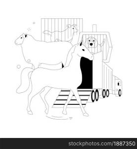 Transport of animals abstract concept vector illustration. Animal transport, inside plastic cage, horses in transit, truck trailer on countryside, flock of sheep, slaughterhouse abstract metaphor.. Transport of animals abstract concept vector illustration.