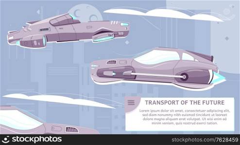 Transport of future flat poster with vehicles of new generation on modern city skyscrapers background vector illustration