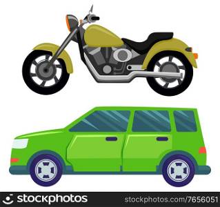 Transport of green color vector, motorbike and van of old s&le flat style. Minivan small lorry and modern bike with seat and handles, minibus vehicle. Buy new car and moto bike. Flat cartoon. Motorbike and Vintage Retro Van Transport Set
