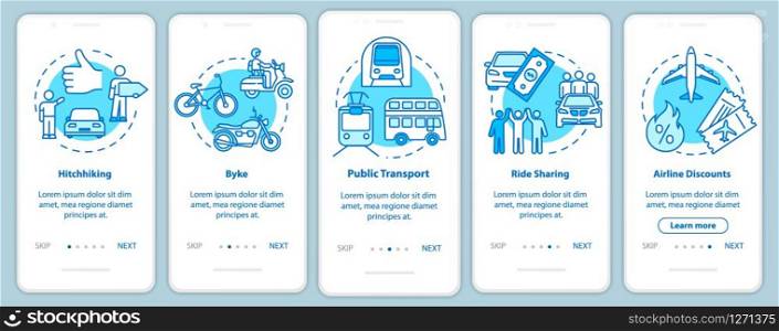 Transport onboarding mobile app page screen with concepts. Cycling. Driveaway car service. Cheap tourism walkthrough five steps graphic instructions. UI vector template with RGB color illustrations