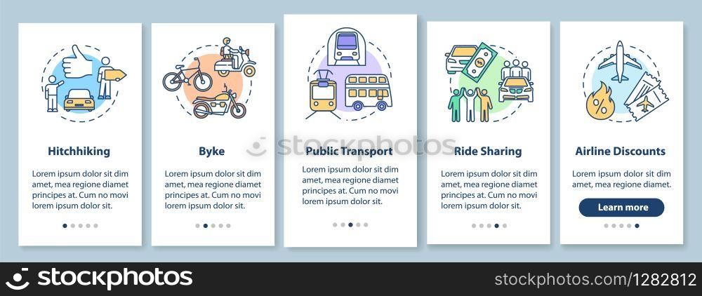 Transport onboarding mobile app page screen with concepts. Hitchhiking and ride sharing. Budget traveling walkthrough five steps graphic instructions. UI vector template with RGB color illustrations