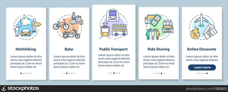 Transport onboarding mobile app page screen with concepts. Hitchhiking and ride sharing. Budget traveling walkthrough five steps graphic instructions. UI vector template with RGB color illustrations