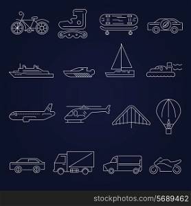 Transport outline icons set with scooter airplane yacht isolated vector illustration