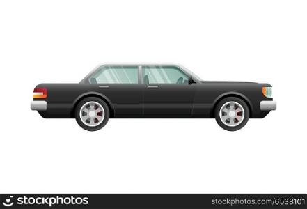 Transport. Picture of Isolated Classical Black Car. Transportation. Picture of isolated classical black car with four doors. Fast four-wheeled mean of transportation in simple cartoon design. Front and back headlights. Four silver discus. Vector