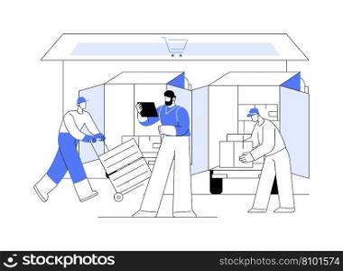 Transport purchased goods abstract concept vector illustration. Warehouse workers load goods in packages into machines in front of the store, wholesale idea, foreign trade abstract metaphor.. Transport purchased goods abstract concept vector illustration.