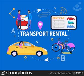 Transport Rental Cycle Diagram. Flat Vector Layout. Illustration with Line Graphic Memphis Element, Communication People, Carsharing Search on Tablet, Bicycle or Scooter Economy Route.. Transport Rental Cycle Diagram. Flat Vector Layout