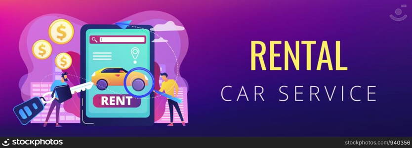 Transport renting website, automobile buying. Man searching used auto on Internet. Rental car service, budget car rental, online car booking concept. Header or footer banner template with copy space.. Rental car service concept banner header.