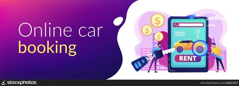 Transport renting website, automobile buying. Man searching used auto on Internet. Rental car service, budget car rental, online car booking concept. Header or footer banner template with copy space.. Rental car service concept banner header.