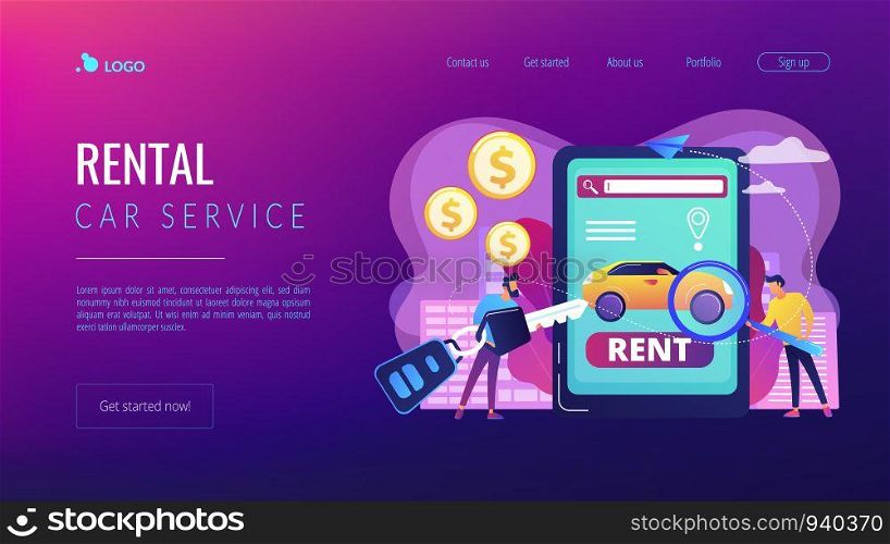Transport renting website, automobile buying. Man searching used auto on Internet. Rental car service, budget car rental, online car booking concept. Website homepage landing web page template.. Rental car service concept landing page.