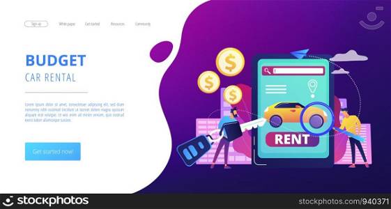 Transport renting website, automobile buying. Man searching used auto on Internet. Rental car service, budget car rental, online car booking concept. Website homepage landing web page template.. Rental car service concept landing page.