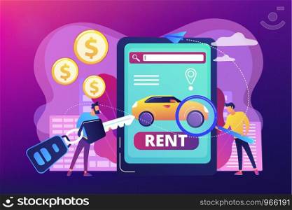 Transport renting website, automobile buying. Man searching used auto on Internet. Rental car service, budget car rental, online car booking concept. Bright vibrant violet vector isolated illustration