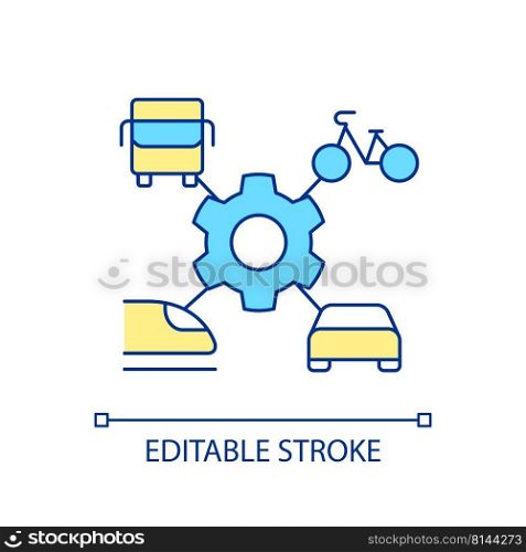 Transport services integration RGB color icon. Complex system. City infrastructure. Different vehicles. Isolated vector illustration. Simple filled line drawing. Editable stroke. Arial font used. Transport services integration RGB color icon