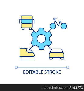 Transport services integration RGB color icon. Complex system. City infrastructure. Different vehicles. Isolated vector illustration. Simple filled line drawing. Editable stroke. Arial font used. Transport services integration RGB color icon