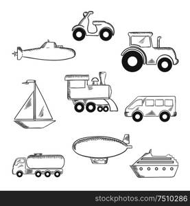 Transport sketched icons with a submarine, yacht, scooter, tractor, blimp, van, train, ship and tank car. Sketch style icons. Transport and industrial sketched icons