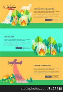 Transport Solving Problem of Fire in Forest.. Transportation means solving problem of fire in forest vector web banner in graphic design. Burning trees and bushes and their saving