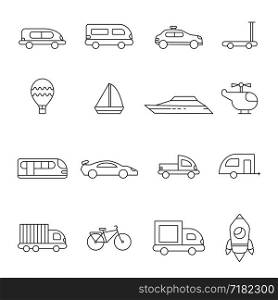 Transport symbols linear. Illustrations of various transport auto truck and van automobile, bike and lorry vector. Transport symbols linear. Illustrations of various transport